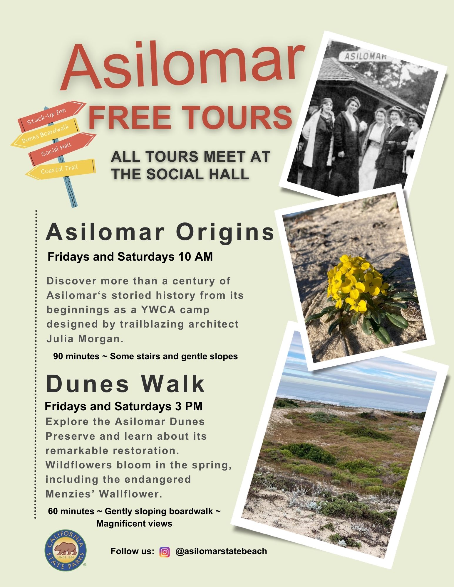 Asilomar Guided Tour Flyer, Asilomar Origins and Asilomar Dunes Tours.
